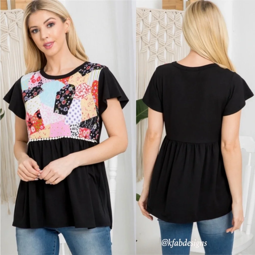🤍Black Shirring Top with Ruffle Sleeves and Contrast Design🤍 - Picture 4 of 4